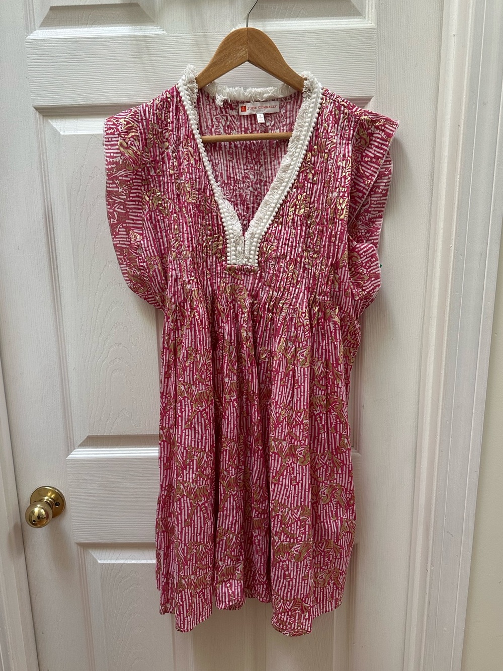 Jude Connally Pink white gold Floral stripe fringe V-Neck dress cotton S